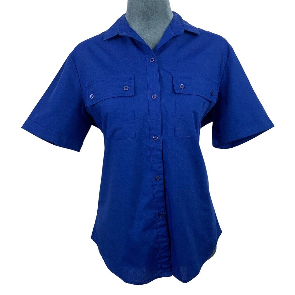 Vintage 80s Shirt Stop Womens Medium Royal Blue Short Sleeve Button Front